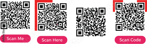 Set of QR code vector icons with pink scan me buttons, digital barcode illustration for smartphone scanning and links.