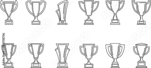 Set of trophy cup line icons in various shapes, vector collection of awards, prizes, and championship symbols.