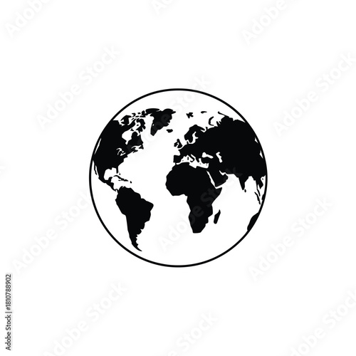 Black and White World Globe Icon Featuring Continents Like Africa and Europe