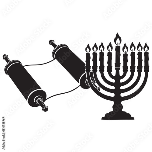 Jewish Torah Scroll and Hanukkah Menorah with Nine Candles Silhouette Vector Illustration