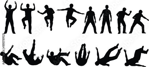 Silhouette collection of men in action poses, vector illustration of jumping, falling down, slipping accidents, and dynamic movement.