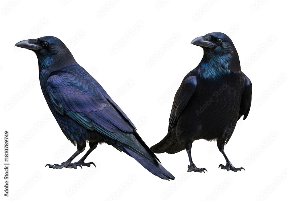 Naklejka premium Two raven bird standing side by side stock photo, wildlife photography, ornithology, birdwatching image, raven illustration, raven art isolated on transparent background
