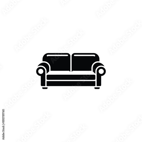 Black Silhouette of a TwoSeater Sofa with Cushions and Rounded Armrests Design