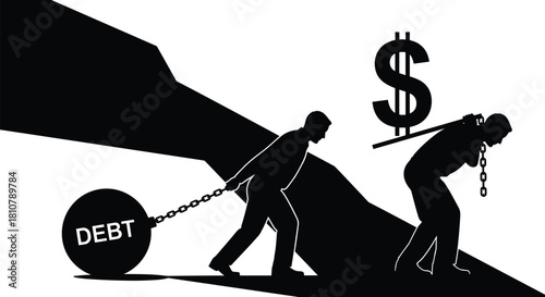 Silhouette of businessmen struggling with heavy debt ball and carrying dollar sign against downward economic graph background, vector concept of recession.