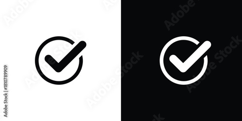 Check Mark Icon Set, Circle with Tick Symbol Isolated on White and Black Backgrounds