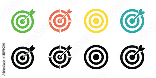 Colorful Bullseye Target Icons Collection on White Background, Isolated Simple Symbols