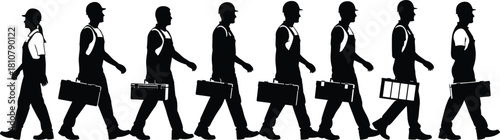 Silhouette of construction workers team walking in a line holding toolboxes, vector illustration of builders, labor force, and industrial employees.