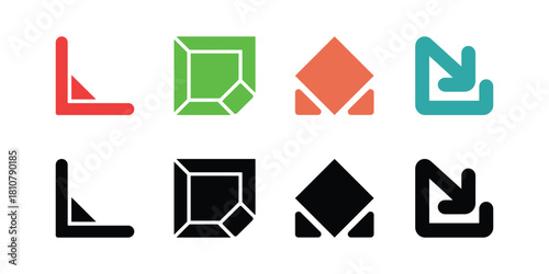 Colorful Geometric Icons Set L Shape Gemstone Open Envelope and Download Arrow