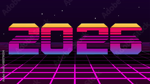 Retro style illustration of the year two thousand twenty six on a grid with a starry background