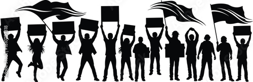 Silhouette of crowd of people protesting holding signs and flags, vector illustration of demonstration, political activism rally, and strike.
