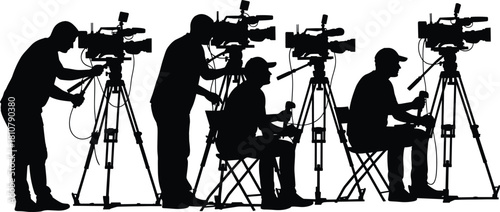 Silhouette of cameramen filming with professional video cameras on tripods, vector illustration of news broadcasting crew, movie production, and press coverage.