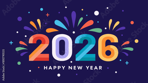 Illustration of the year 2026 with fireworks and happy new year text on a dark blue background art design
