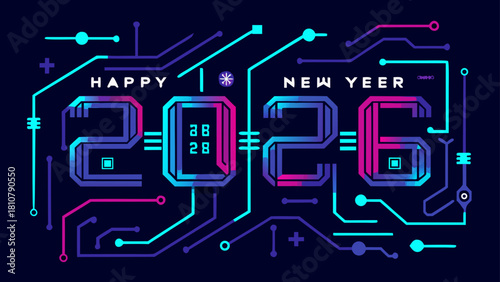 Happy new yeer 2026 graphic with circuit board design elements in blue and pink on a dark background
