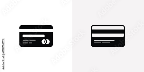 Credit Card Icons Black and White Front & Back Depiction on Transparent Background