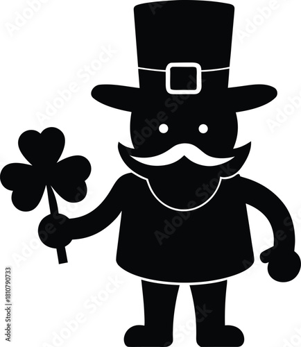 Black silhouette of leprechaun wearing hat holding shamrock