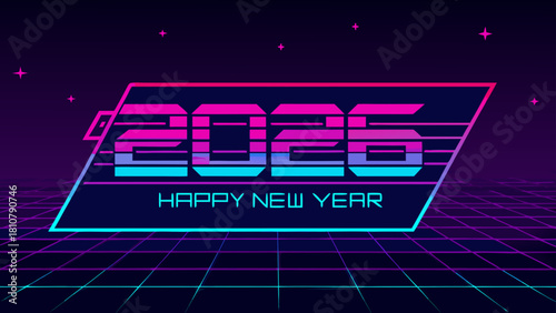 Retro new year greeting card with the year two thousand twenty six in neon colors on a grid background