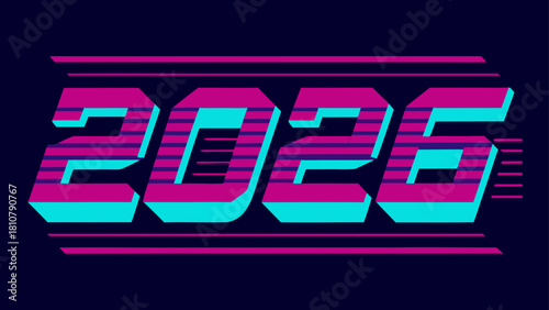 Futuristic design displaying the year twenty twenty six in bold font with neon color scheme graphic art