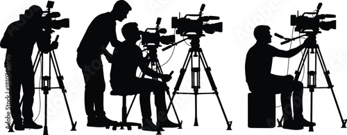 Silhouette of film crew operating professional video cameras on tripods, vector illustration of television broadcasting, cinema production, and media recording.