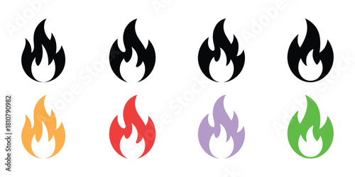 Eight Flames Icon Set With Transparent Background in Black, Orange, Red, Purple, and Green