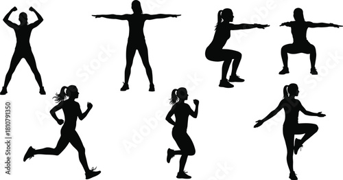 Black silhouettes of woman doing fitness exercises, running girl, female squatting, workout training, active lifestyle concept, sport vector illustration isolated on white background.