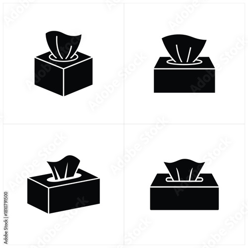 Four black tissue boxes are shown in different perspectives on a clean white background