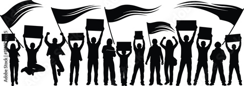 Silhouette of protesting crowd holding flags and banners, vector illustration of political demonstration, strike, activist group, and energetic revolution rally.