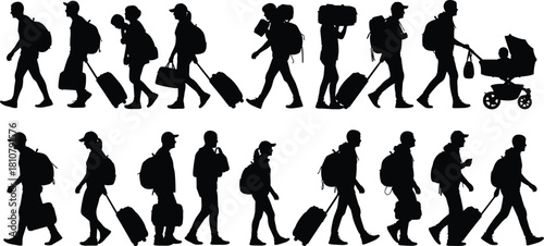 Silhouette of people traveling walking with luggage, suitcases, and backpacks, vector illustration of tourists, journey, airport passengers, and migration.