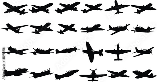 Aircraft silhouette illustration set, airplane vector, aviation design, black icons, flight models, propeller and jet styles, grid layout