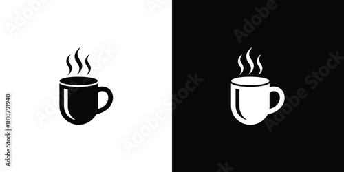 Hot Drink Mug Icon on Split Black & White Background, Aroma Steam, Simple Design