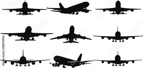 Airplane silhouette illustration set, aircraft front views, black vector, aviation design, jet icons, flight theme, transport artwork