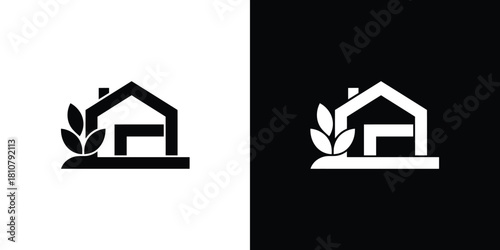 House Icon with Leaf Plant. Home Outline with Transparent Background Design