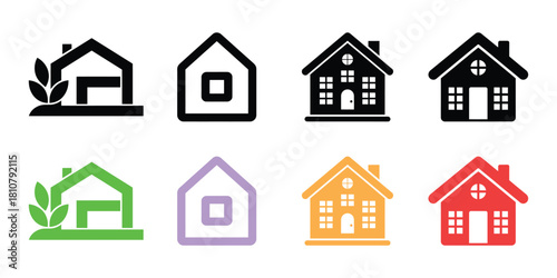House Icon Set Isolated on White Background, Black, Green, Violet, Orange, and Red