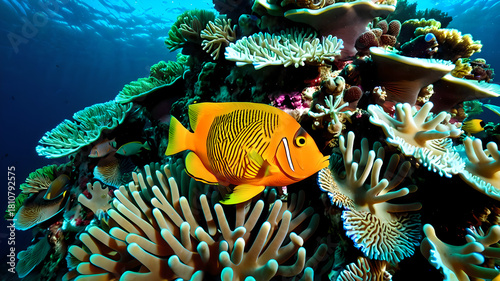 Fototapeta Naklejka Na Ścianę i Meble -  Explore the vibrant coral reef ecosystem with a beautiful orange fish swimming in the clear blue ocean water