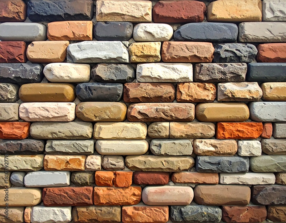 Fototapeta premium Colorful brick wall texture showcasing various stone shades & patterns in a stacked arrangement