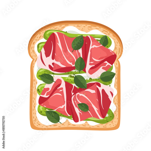 This appetizing flat design illustration features a slice of toasted bread generously layered with cream cheese, green pesto swirls, savory folded prosciutto, and fresh basil leaves for a tasty snack