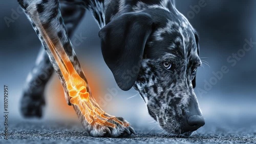 Medical illustration of a dog's leg, showing bones with glowing orange highlights, in close-up