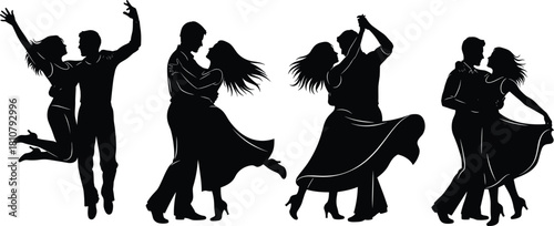 Ballroom dance silhouette illustration, romantic couple poses, black vector, graceful movement, formal attire, elegant artwork, dance design