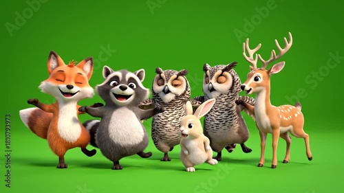 Happy Cartoon Forest Animals Group: Fox, Raccoon, Owls, Rabbit, Deer