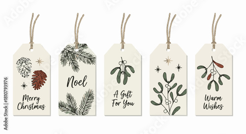 Minimal Scandinavian Line-Art Labels
Minimalist hand-drawn Christmas label set in Scandinavian line-art style, thin black ink lines, neutral winter palette, botanical elements such as pine con