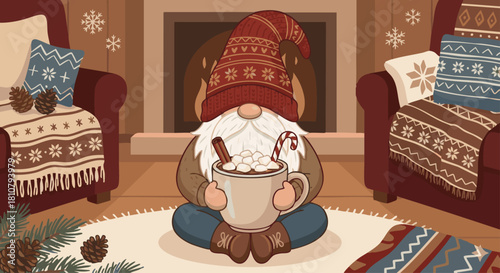 Hot Cocoa Gnome
Flat cozy winter gnome sitting with a cup of hot chocolate topped with marshmallows, warm brown and red tones, Scandinavian-inspired vector design, soft and cute holiday 