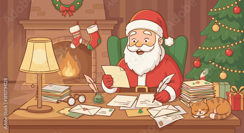 Santa Reading Letters
Vector artwork of Santa Claus reading children's letters, sitting at a wooden desk, cozy interior details, warm and cheerful atmosphere, clean graphic vector style.