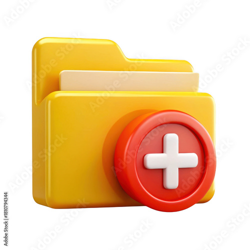 3d yellow folder with add icon isolated on transparent background