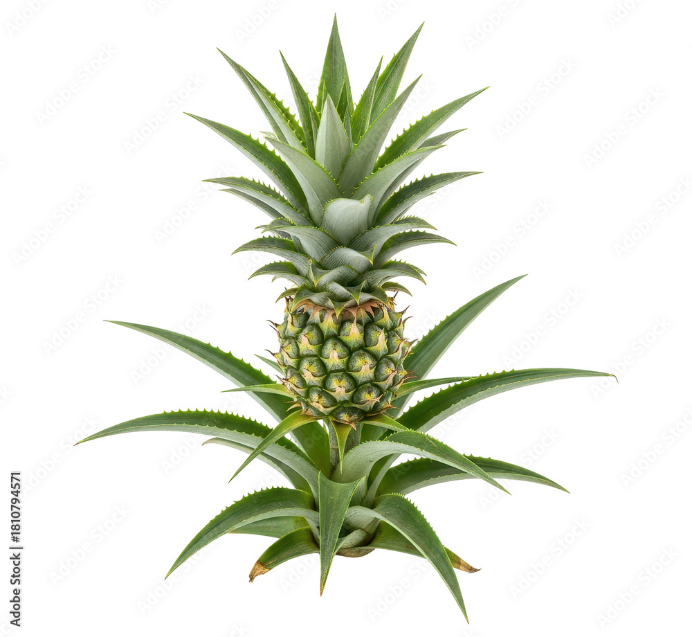 Obraz premium Miniature green pineapple fruit growing on its plant structure on transparent background