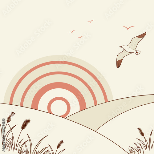 Serene coastal sunrise with seagull soaring over rolling dunes, perfect for travel blogs or minimalist design projects, evoking peaceful mornings