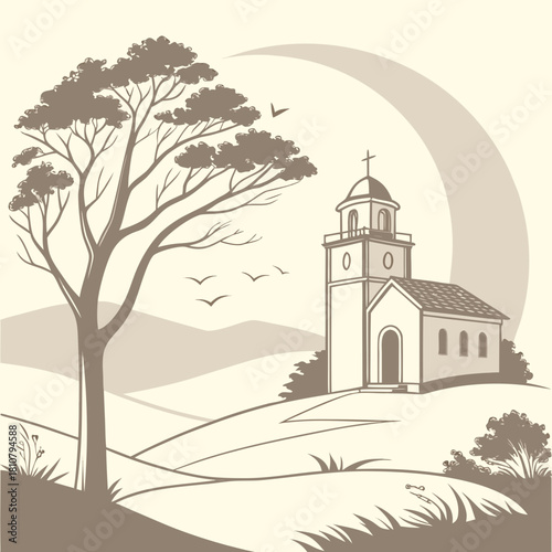 Serene church illustration nestled in peaceful landscape with silhouette of birds flying, perfect for promoting faith and community values in design projects