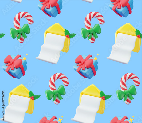 A seamless pattern of 3D vector illustrations with Christmas and New Year themes. The pattern features a striped candy cane with a bow, a Christmas berry, a letter for Santa, and a gift with a red bow