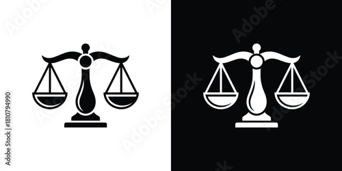 Scales of Justice Balance Icon Silhouette on Contrasting White and Black Backgrounds