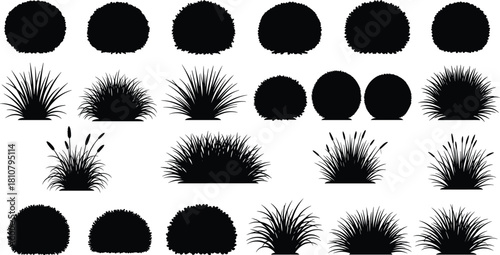 Bush and shrub silhouette illustration set, plant shapes, black vector, landscaping design, garden element, foliage artwork, nature icon