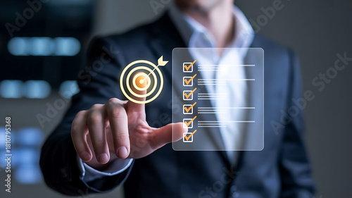 Business man achieving goals through digital target checklist and virtual interface achieving success