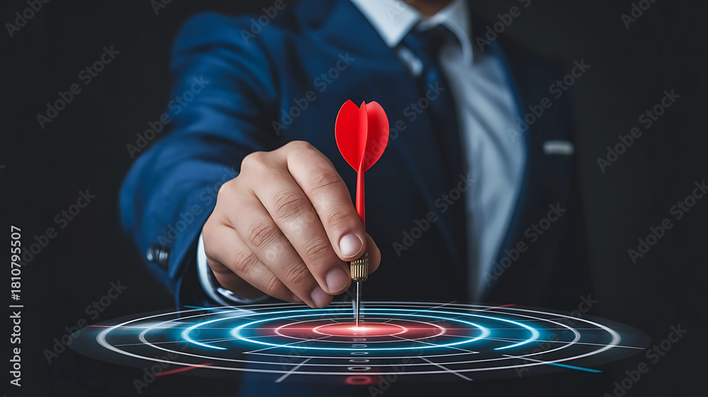Fototapeta premium Business strategy concept with a suited businessman holding a dart and aiming at the center target